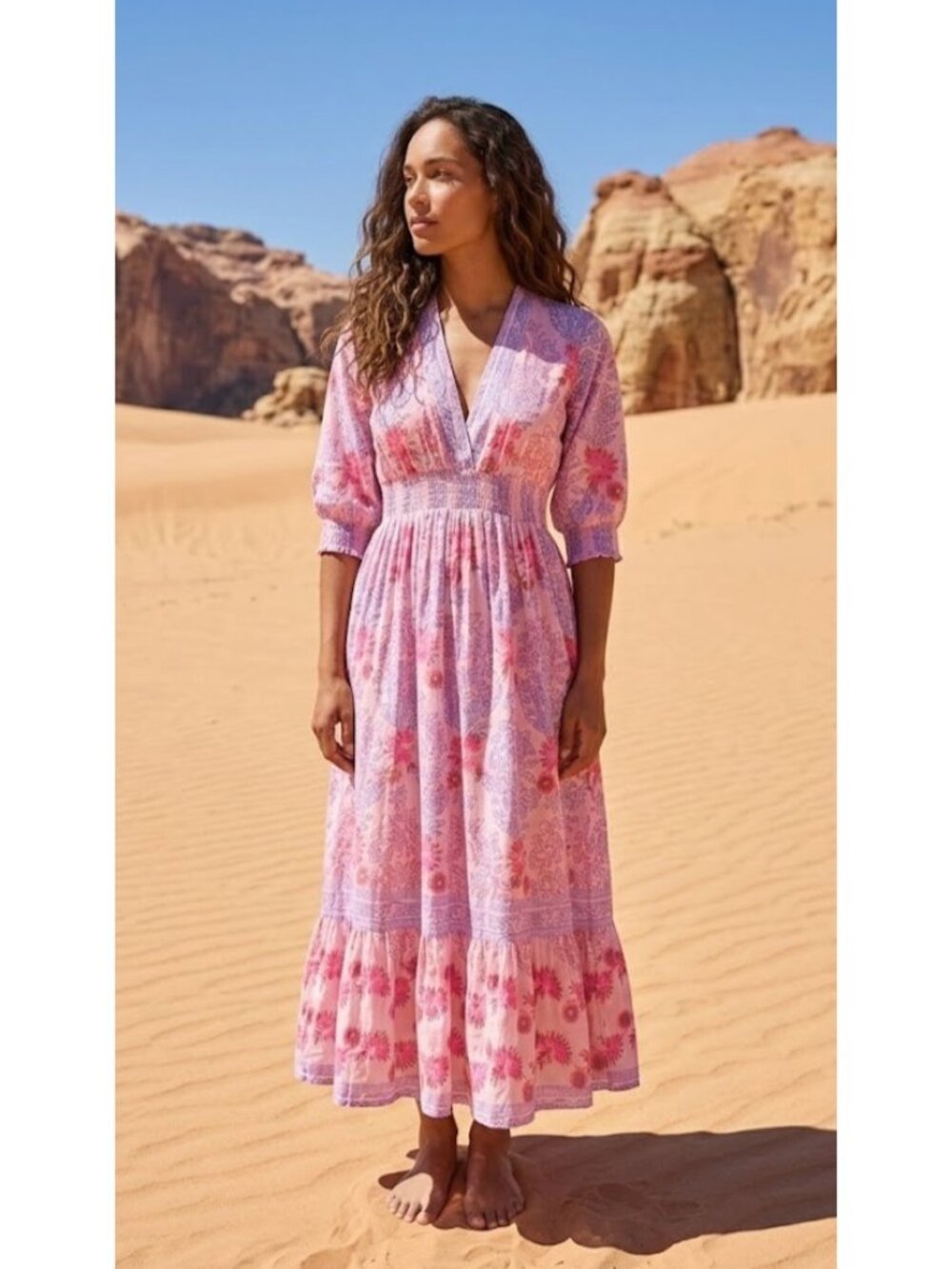 NWT Oliphant V-neck Smocked Waist Midi in Dunmore Pink Floral Cotton Dress S